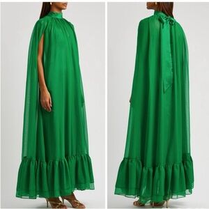 NEW ALICE + OLIVIA Lanelle Maxi Cape Dress in emerald green Chiffon Sz M
